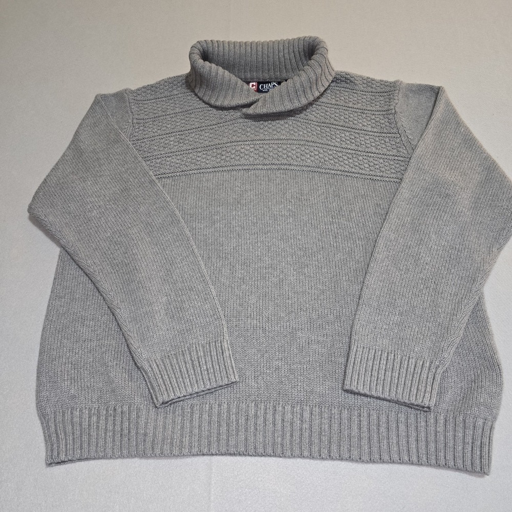 Chaps Sweater Mens Large Grey Cotton Shawl Neck Textured Knit Pullover Classic